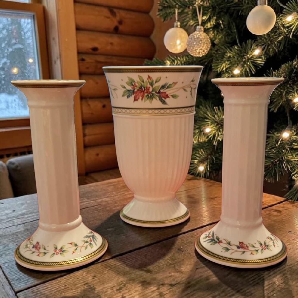 Fitz and Floyd Classics Choice Winter Holiday Collection 2 Candleholders 1 Vase